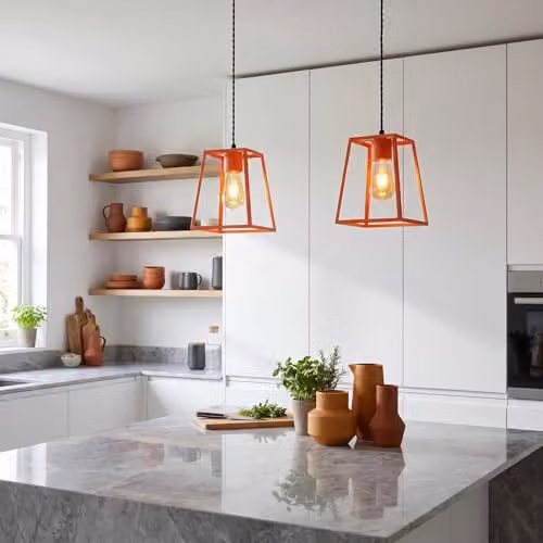 Happy Homewares Industrial Lantern Pendant Lamp Shade in Orange Metal, W/D/H: 25 x 21 x 11 cm – 2