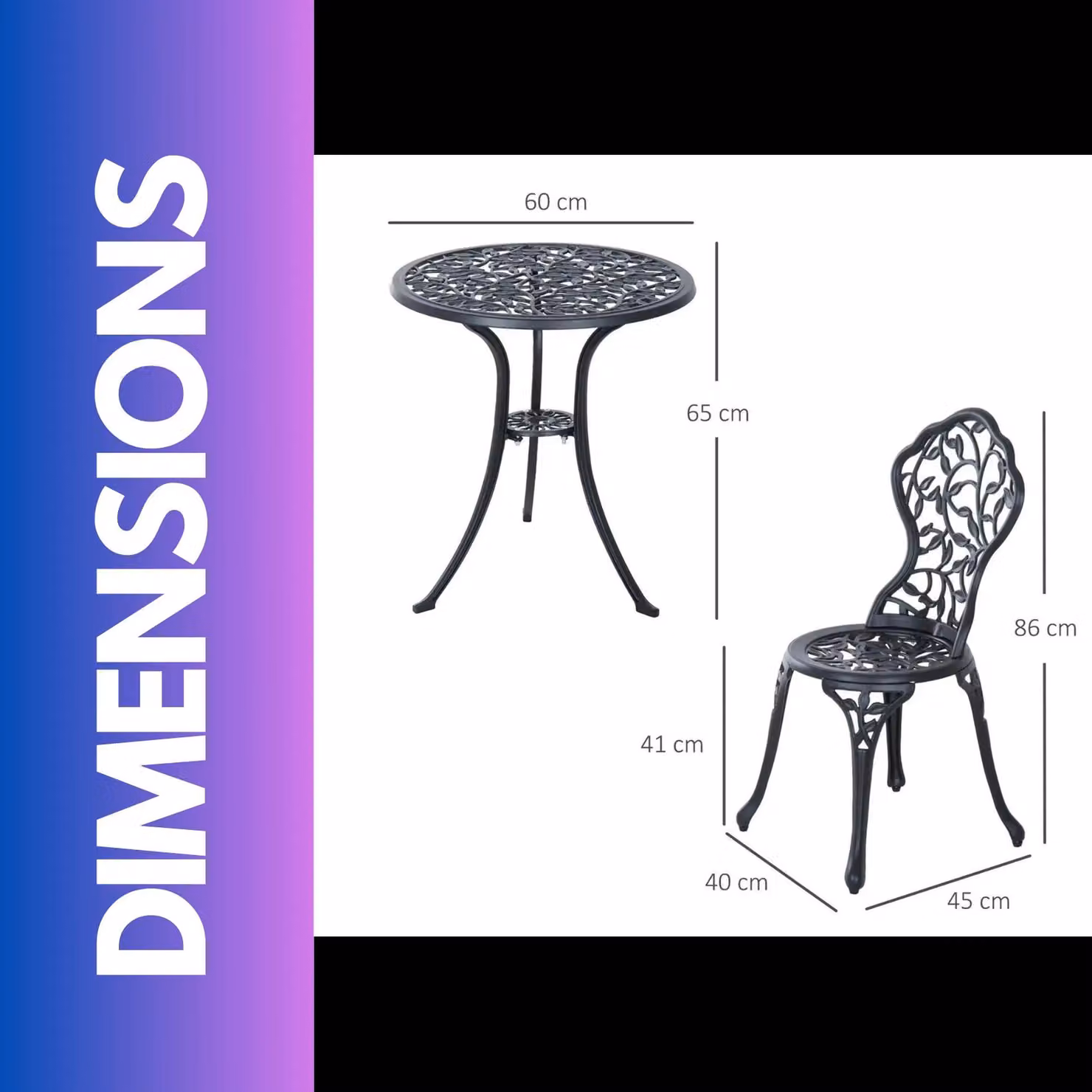 FURNOS Set of 3 Black Cast Aluminium Bistro Table and Chairs with Leaf Design – 2