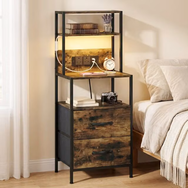 HOMCOM Bedside Table with Integrated LED Light Strips in Rustic Brown