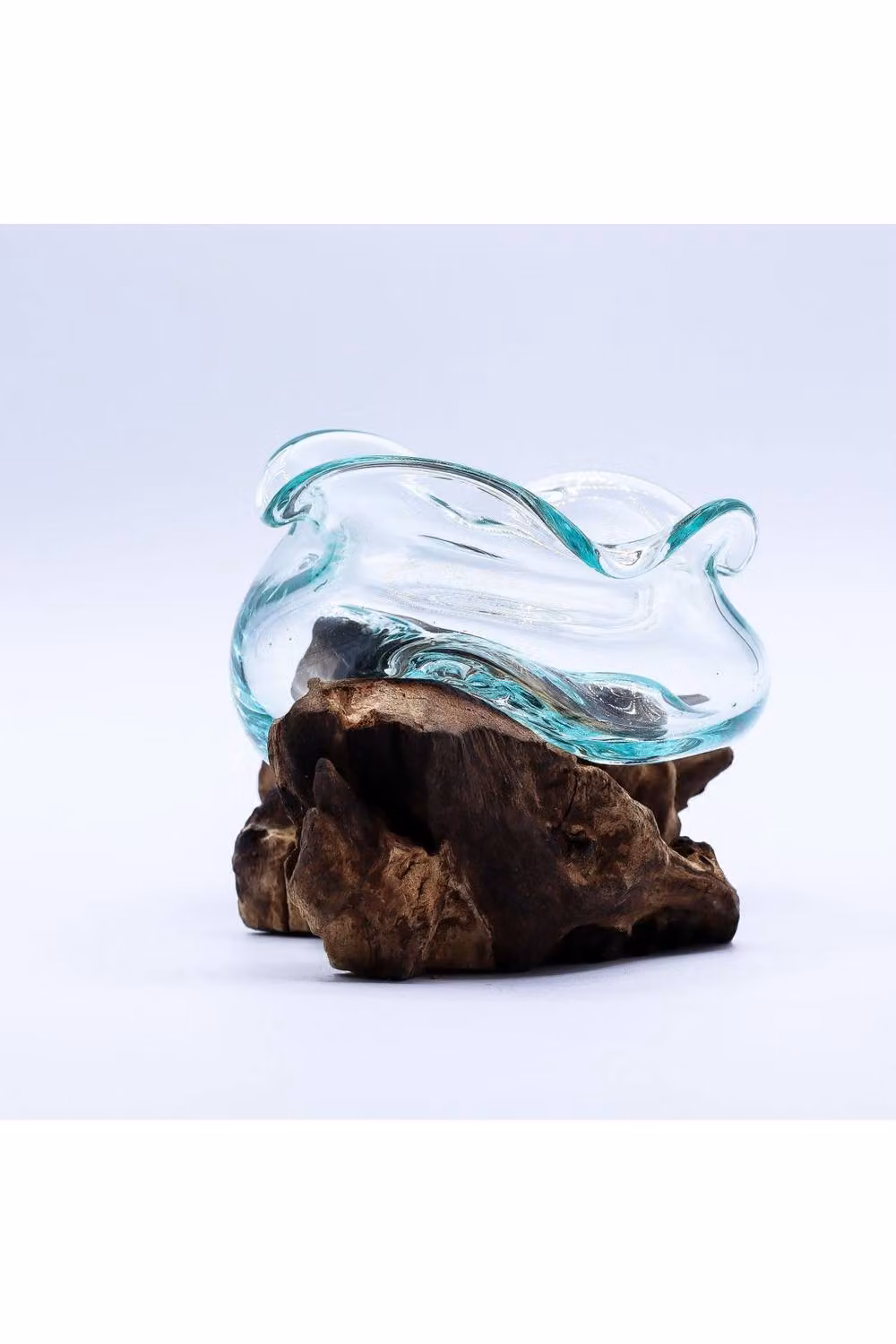 KDMD Molten Glass Wavy Bowl with Wood Base in Transparent – 2