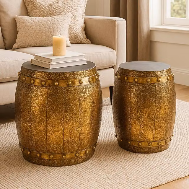 Orsina Reza Set of 2 Hammered Metal Drum Stools and Tables in Gold and Grey Antique Finish