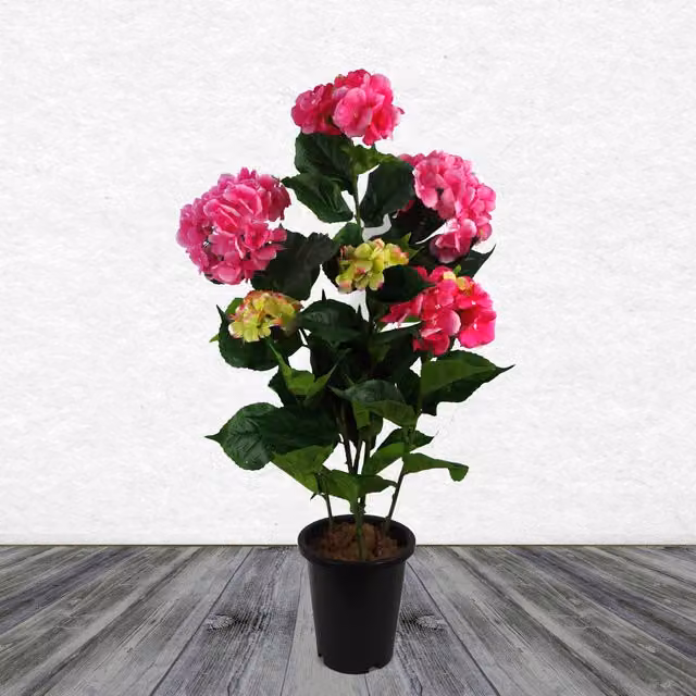Pink Artificial Hydrangea Flowering Plant in a Black Tabletop Pot