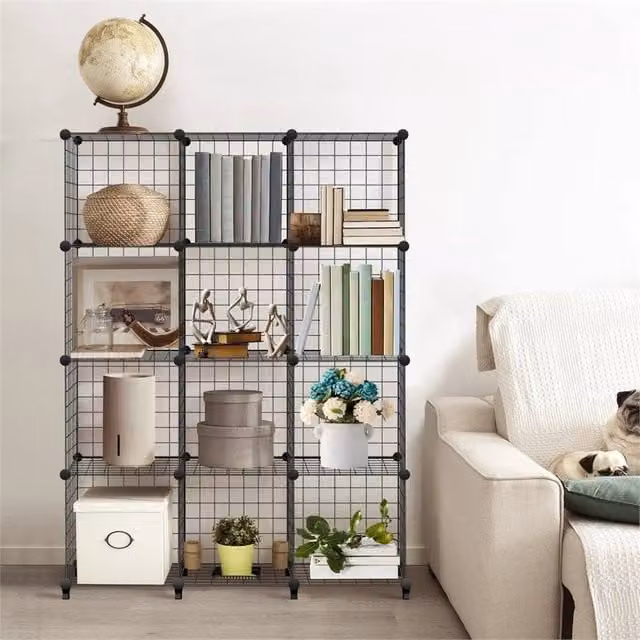 VOGREX 6 Cube DIY Metal Wire Grid Storage Shelf and Display Cabinet Organiser in Black