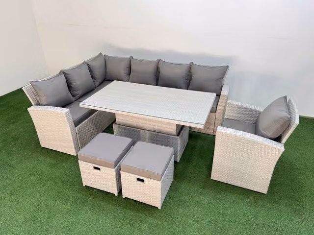 Fimous 9 Seat Garden Furniture Corner Sofa with 2 Small Footstools in Light Grey