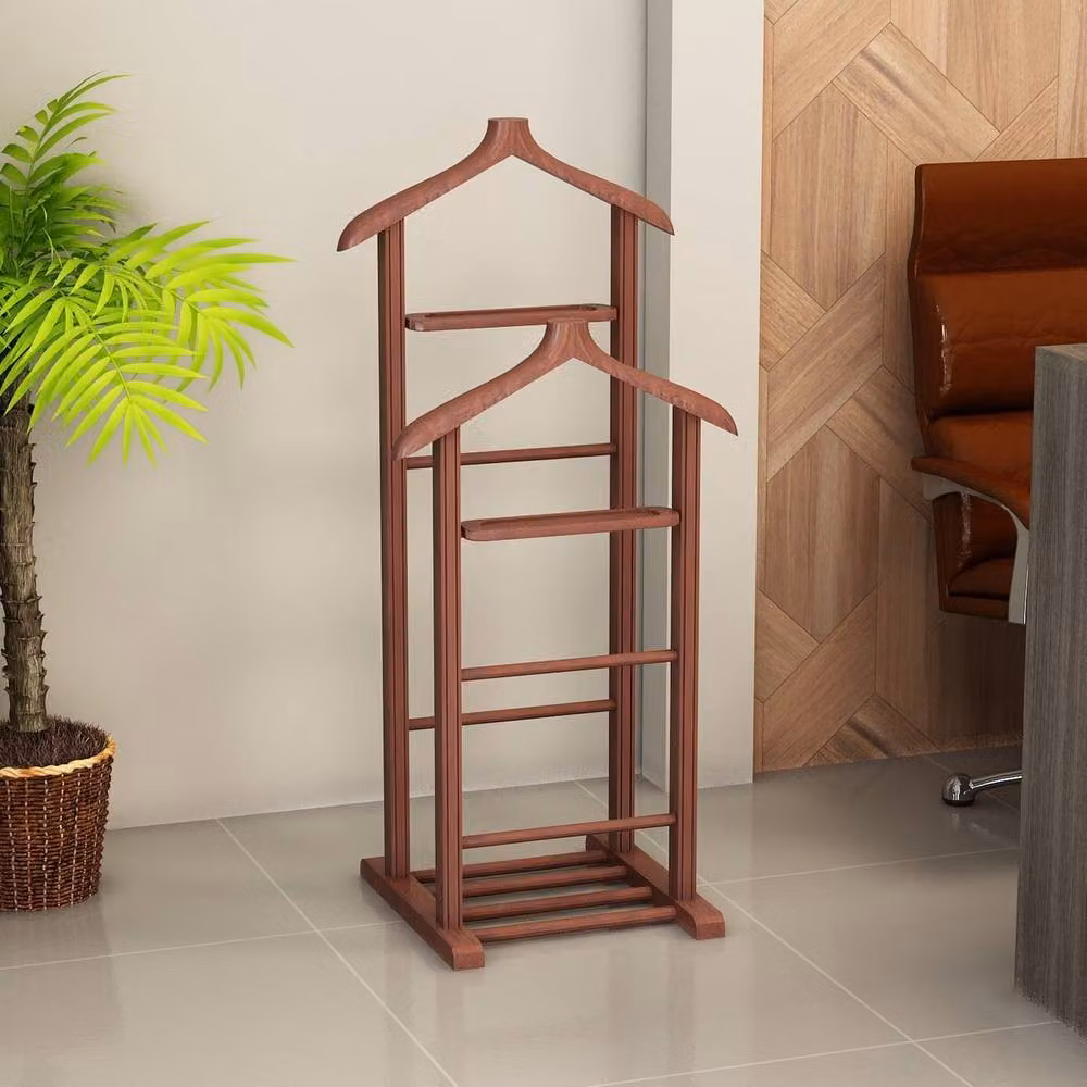 CALICOSY BETA Solid Wood Valet Stand in Walnut Brown, H 120 x W 46 x D 33.5 cm – 2