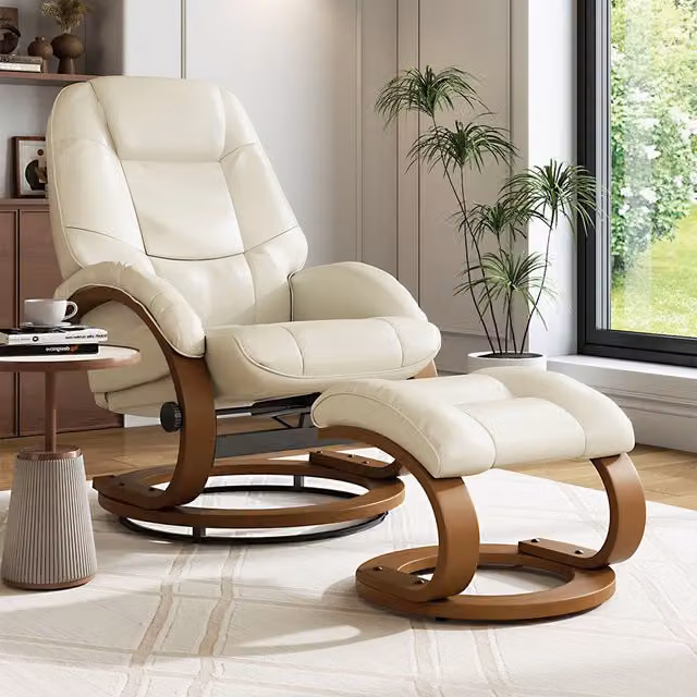 Livingandhome Beige Synthetic Leather Recliner Executive Chair with Footstool