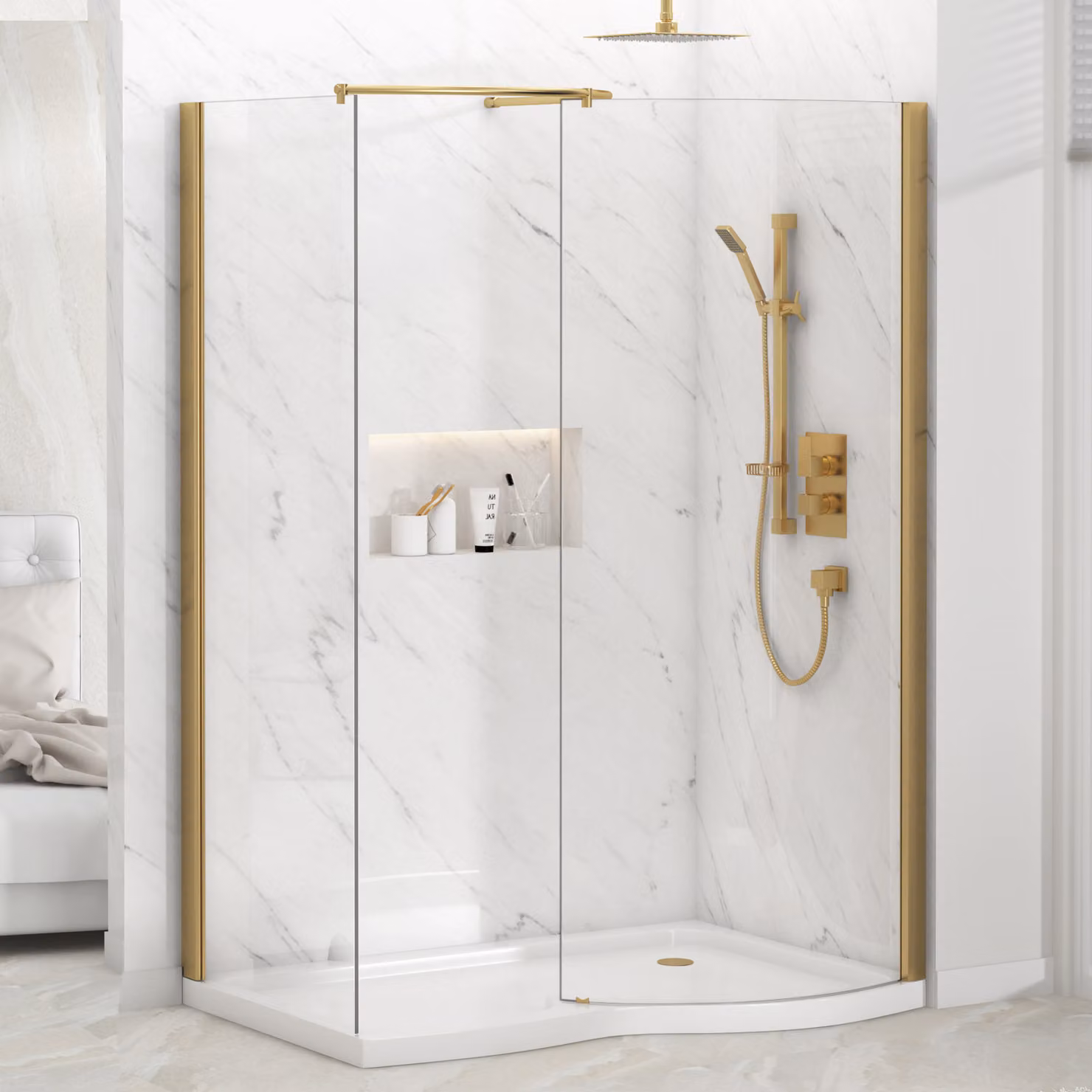 Royal Bathrooms Milan Curved Walk In Enclosure with RH Tray, Brushed Brass, W: 140 cm, D: 90 cm, 8mm Glass
