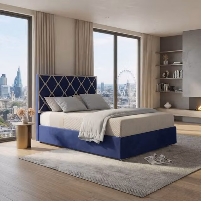 KDMD Tredington Blue Velvet Upholstered Metal Designer Bed Frame, Super King Size 200 x 200 cm