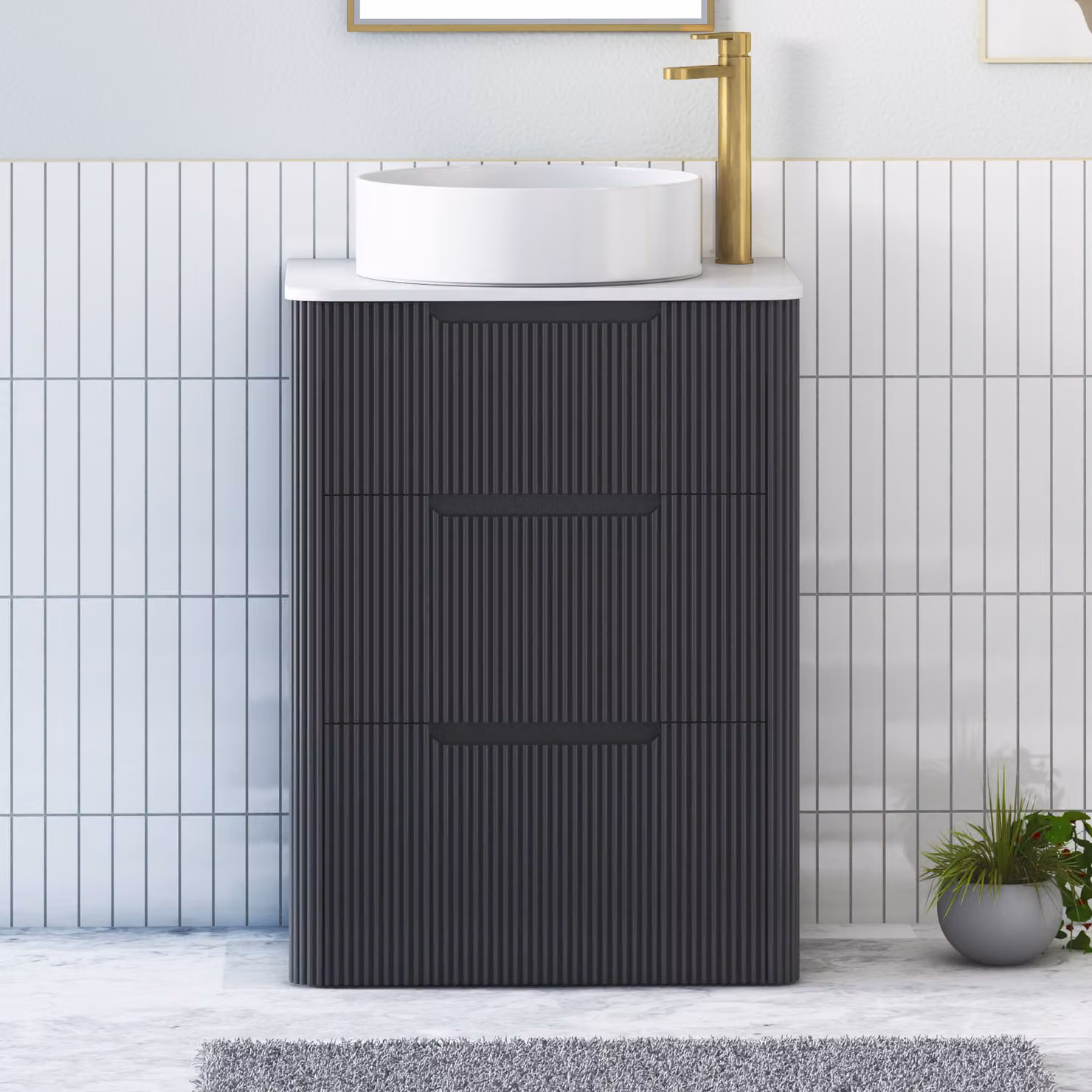 Royal Bathrooms Avenza 600mm Matt Obsidian Black Floor Standing 3 Drawer Vanity Unit with Plain White Worktop and Art Round Basin