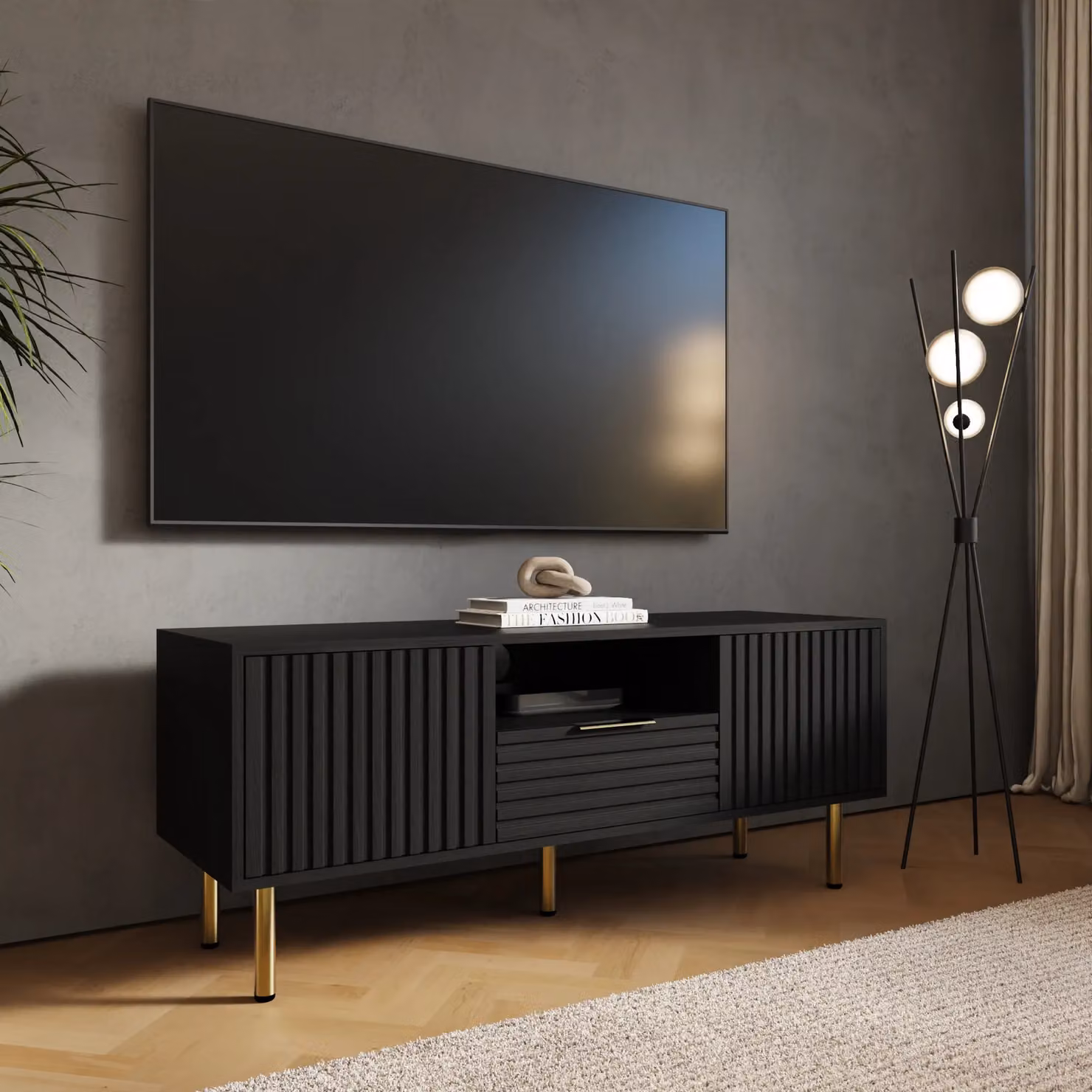 GFW Nervata Art Deco TV Unit in Black and Gold with 2 Doors and 1 Drawer, W/D/H: 119.5 x 39.0 x 49.0 cm – 6