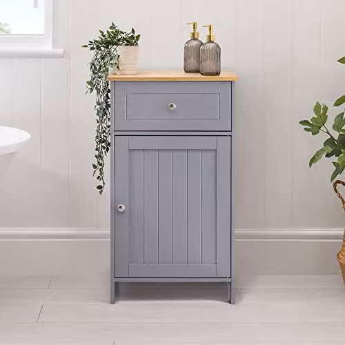 CHRISTOW Grey Bathroom Storage Cabinet with Bamboo Top, Drawers and Cupboard, W/D/H: 34.0 x 43.0 x 77.0 cm – 2