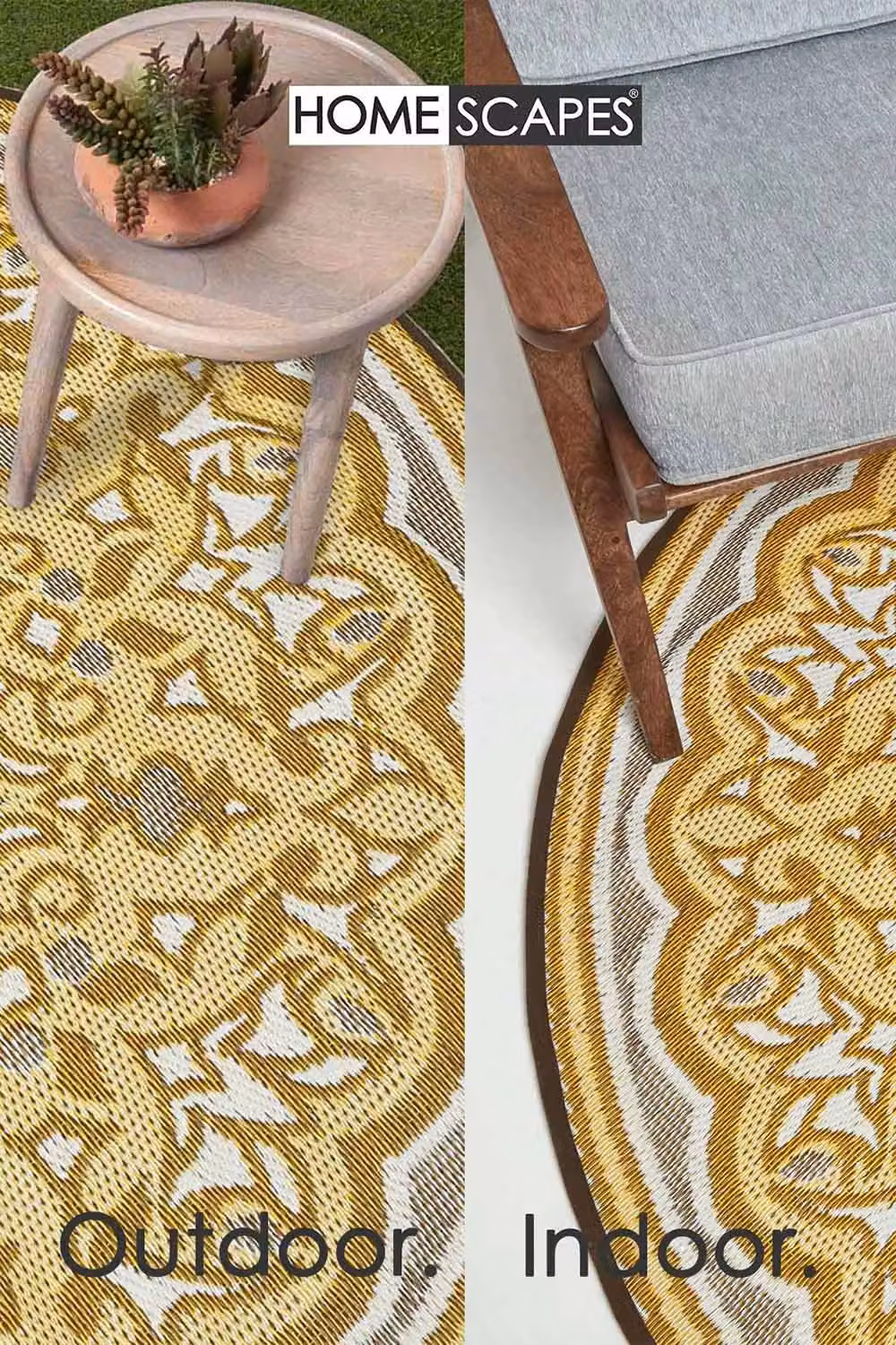 Homescapes Luxury Round Outdoor Rug, Grey and Yellow Geometric Woven Design, Diameter: 180 cm – 5