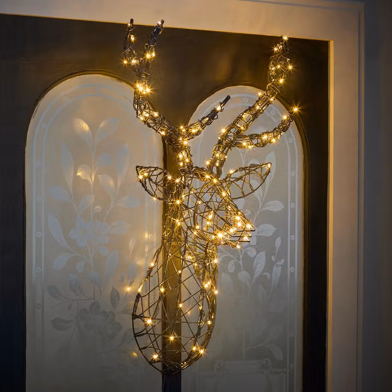 Lights4fun Rattan Reindeer Stag Head Christmas Decoration with 150 Dual Colour LEDs and Timer, Grey and White, W: 80 cm, H: 70 cm, D: 33 cm