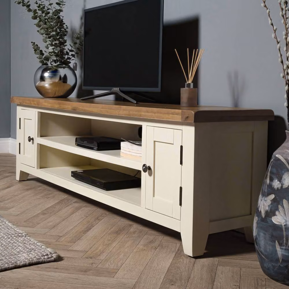 Elm Home And Garden Rustic Painted White and Beige Large Wide Screen TV Media Unit – 3