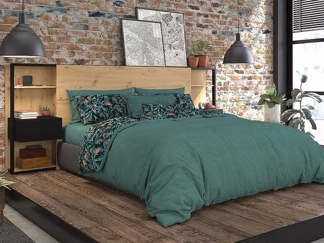Vente-unique MISTA Headboard with Integrated Nightstands in Light Oak and Black, W/D/H: 160 x 200 cm – 1