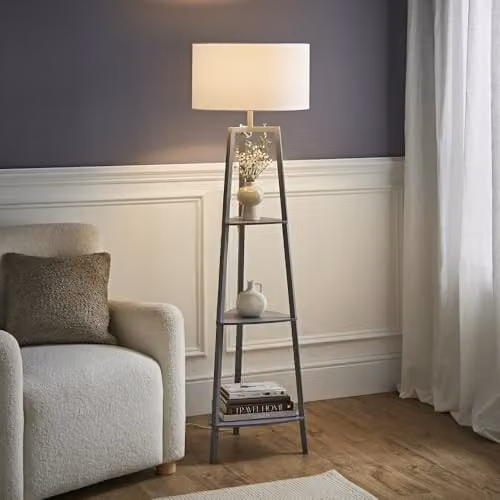 ValueLights Hiru Grey 3 Tier Wooden Floor Lamp with White Fabric Cylinder Shade – 3