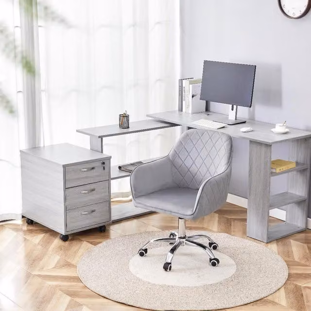 Kosy Koala Modern L-Shaped Office Desk Set with Chair, Drawers and Shelves in Grey and Black