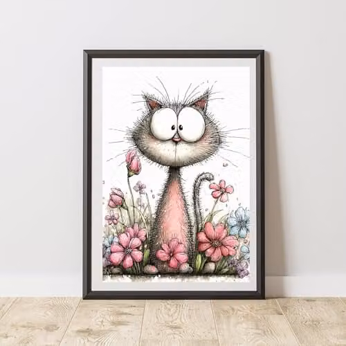 60 Second Makeover Quirky Black Cat with Floral Illustration Wall Art Poster, A3, Multicolour