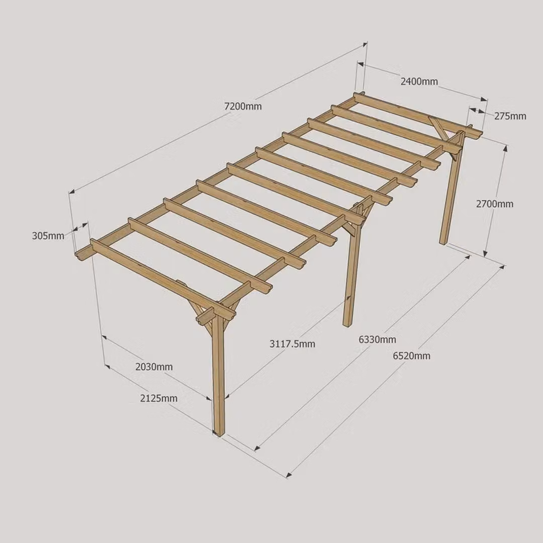 Rutland County Garden Furniture Ltd Wall Mounted Lean-to Garden Pergola with 3 Posts, Brown Wood, W: 720 cm, D: 137 cm, H: 270 cm – 3