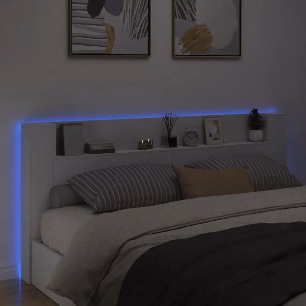 Berkfield Home Modern White Headboard Cabinet with Integrated LED Lighting, Shelf and USB Charging Port, W: 220 cm, D: 16.5 cm, H: 103.5 cm – 3