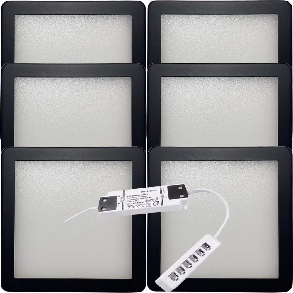 Loops 6x Matt Black Ultra-Slim Square Under Cabinet Kitchen LED Light and Driver Kit with Warm White Diffused Light – 4