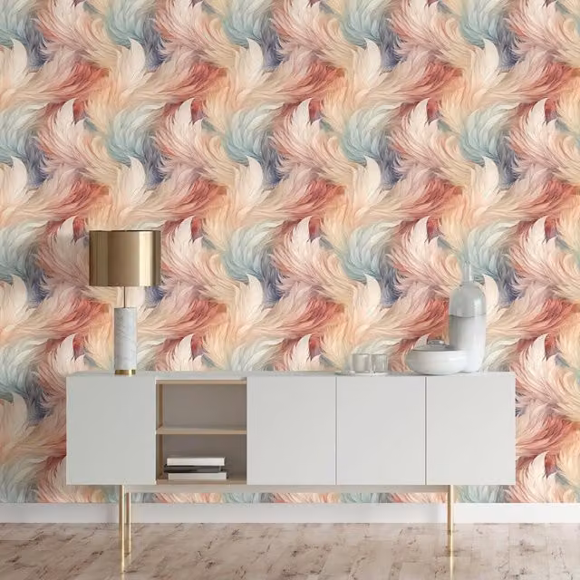 Muriva Abstract Nature Plumes Feathers Wallpaper in Multicolour and White