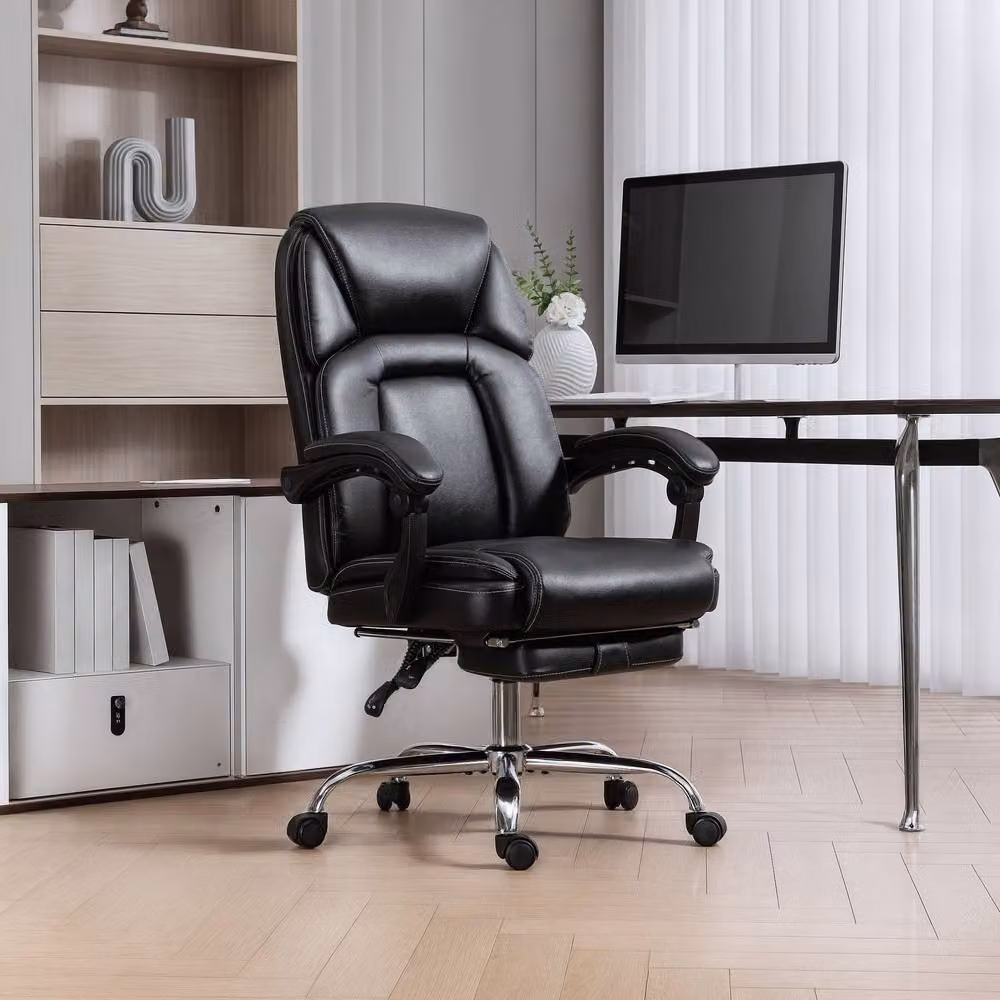 Rolipo Black Faux Leather Reclining Executive Office Chair with Footrest and Headrest – 3