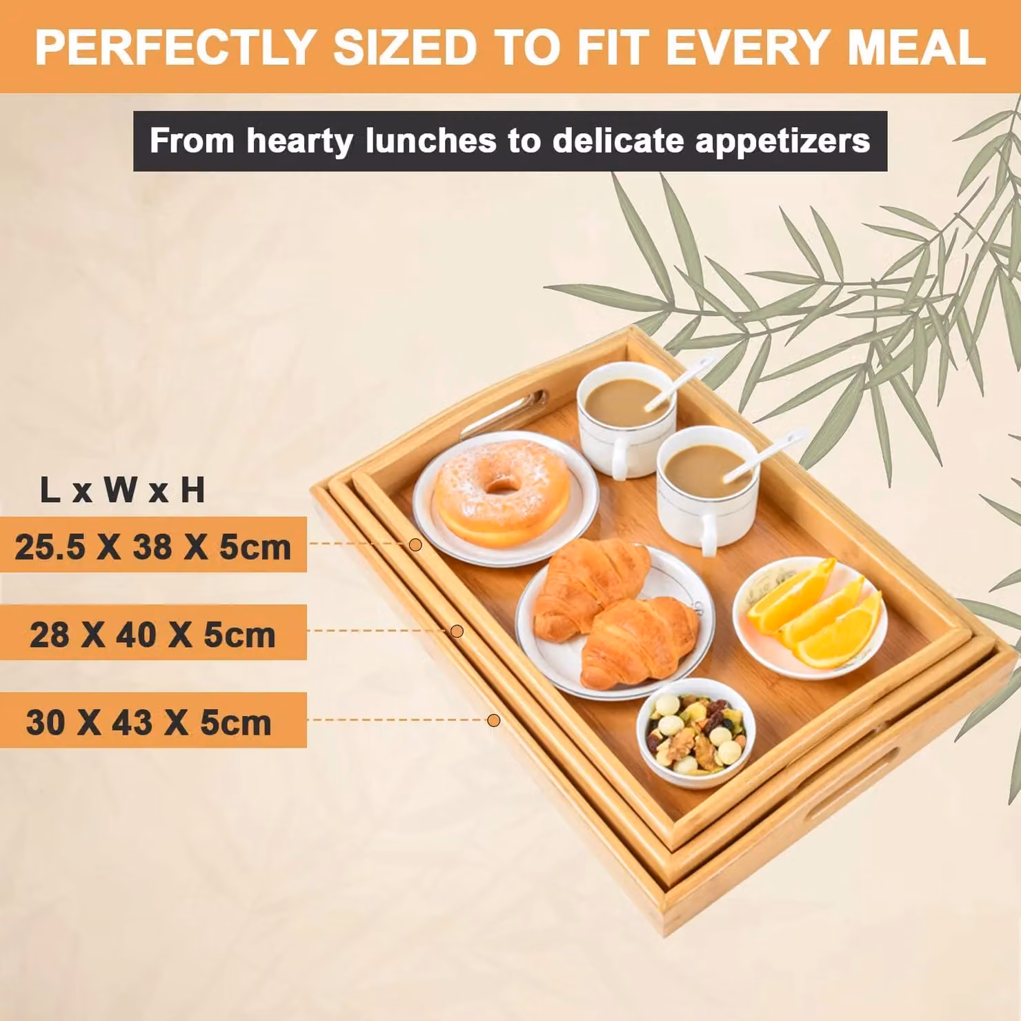 MANTRARAJ Set of 3 Brown Rectangular Bamboo Serving Trays with Handles – 3