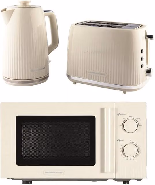 Hamilton Beach Miami Kettle, Toaster and Microwave Set in Sand and White