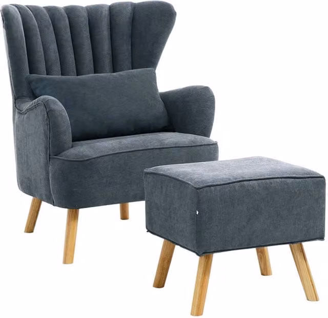 Livingandhome Modern Upholstered Wingback Armchair with Matching Footstool in Blue and Grey