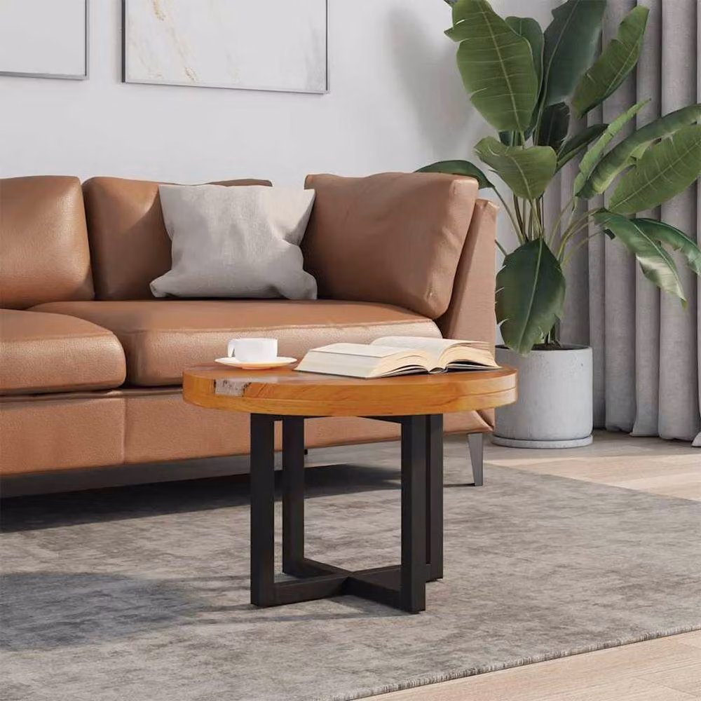 Berkfield Home Round Teak and Mango Wood Coffee Table with Resin Inlay, Brown and Black, Diameter: 60 cm – 1