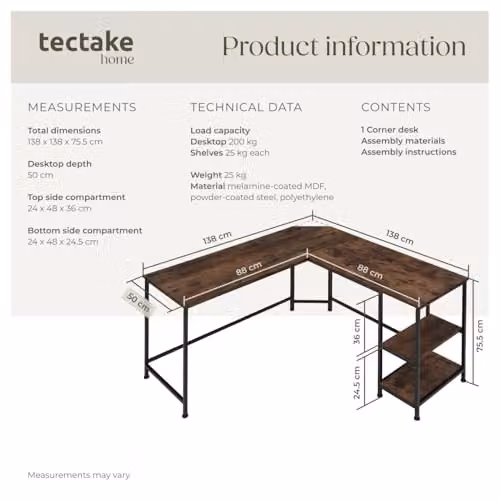 tectake Hamilton L-Shaped Corner Desk in Industrial Design with MDF Wood and Metal Frame, Brown and Black, W/D/H: 200 x 138 x 75.5 cm – 3