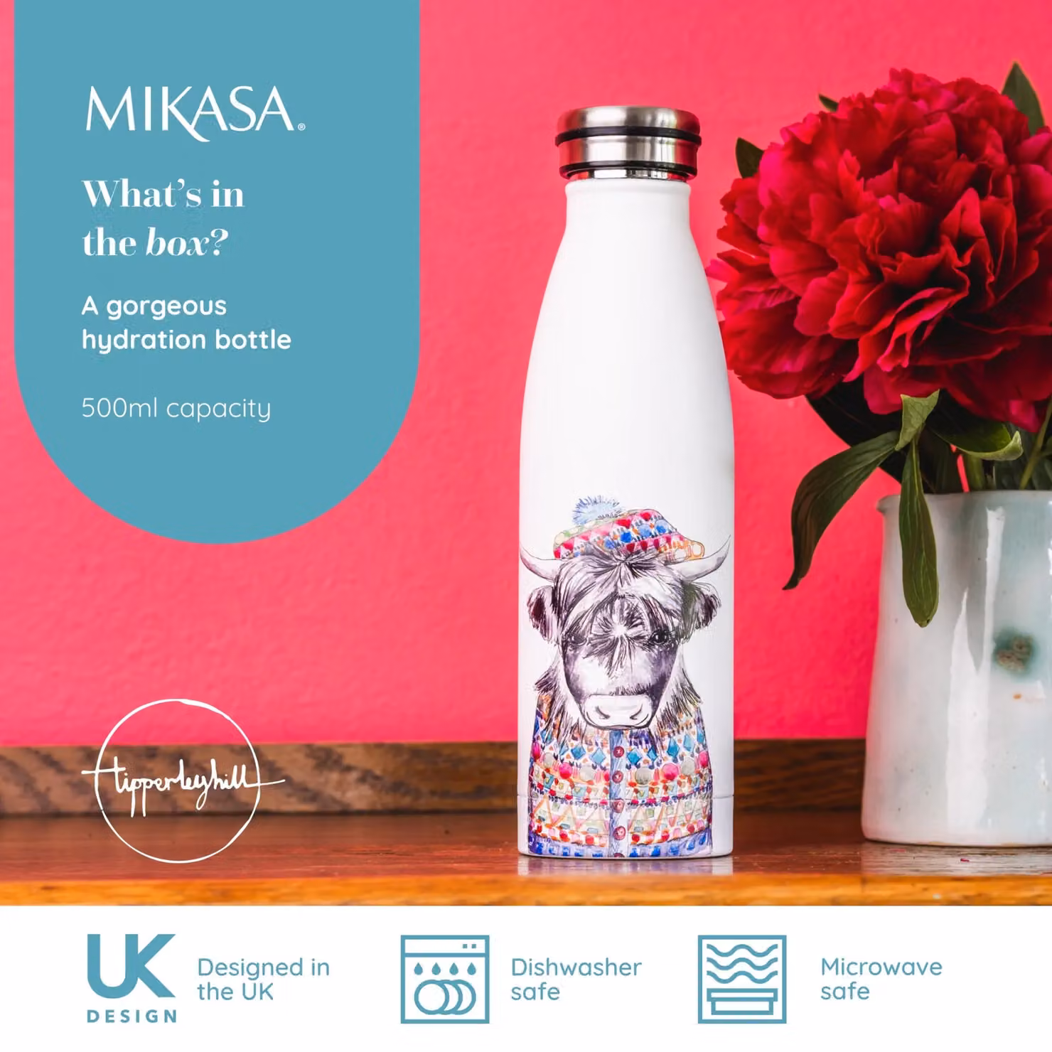 Mikasa Tipperleyhill Highland Cow Double-Walled Stainless Steel Vacuum-Insulated Water Bottle, 500ml, White/Multicolour – 5