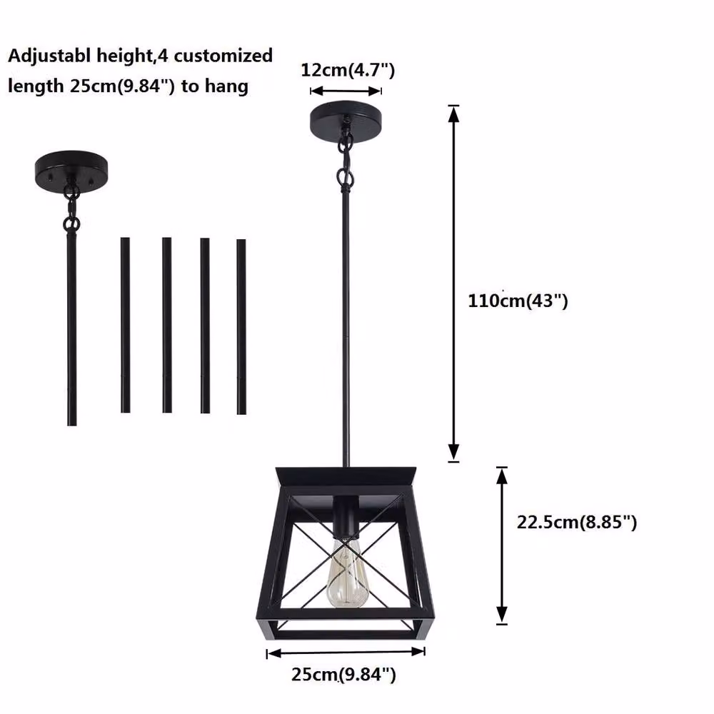 NIVOR Black Metal Farmhouse Pendant Light, Adjustable Industrial Cage Lantern Chandelier with Transparent Glass – 2
