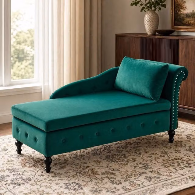 STILVORA Green Velvet Chaise Lounge Sofa with Storage and Scatter Cushions