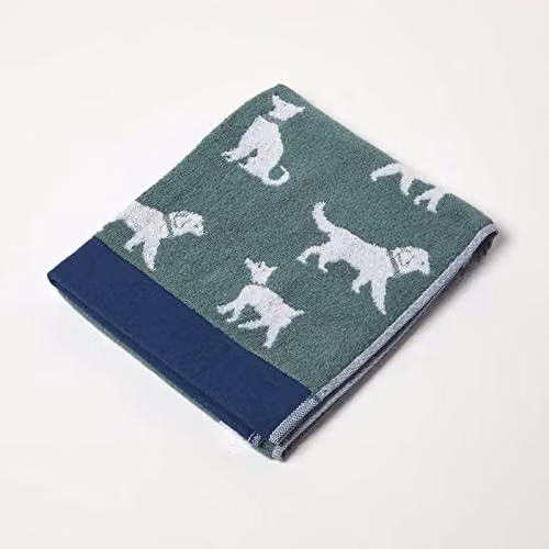 Homescapes Green Cotton Terry Hand Towel with Dog Pattern – 1