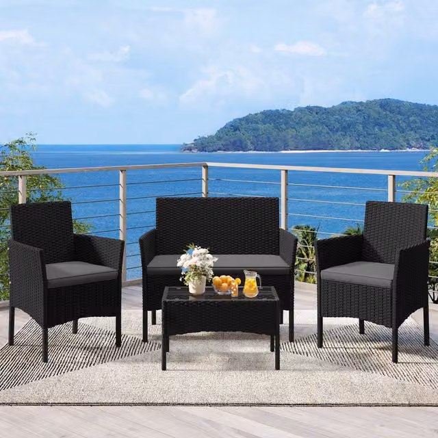 Yaheetech 4-piece Modern Rattan Patio Furniture Set in Black and Grey