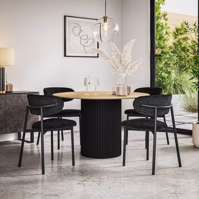 More4Homes Arlo Oak Round Dining Table with Black Legs and 6 Myla Linen Dining Chairs Set