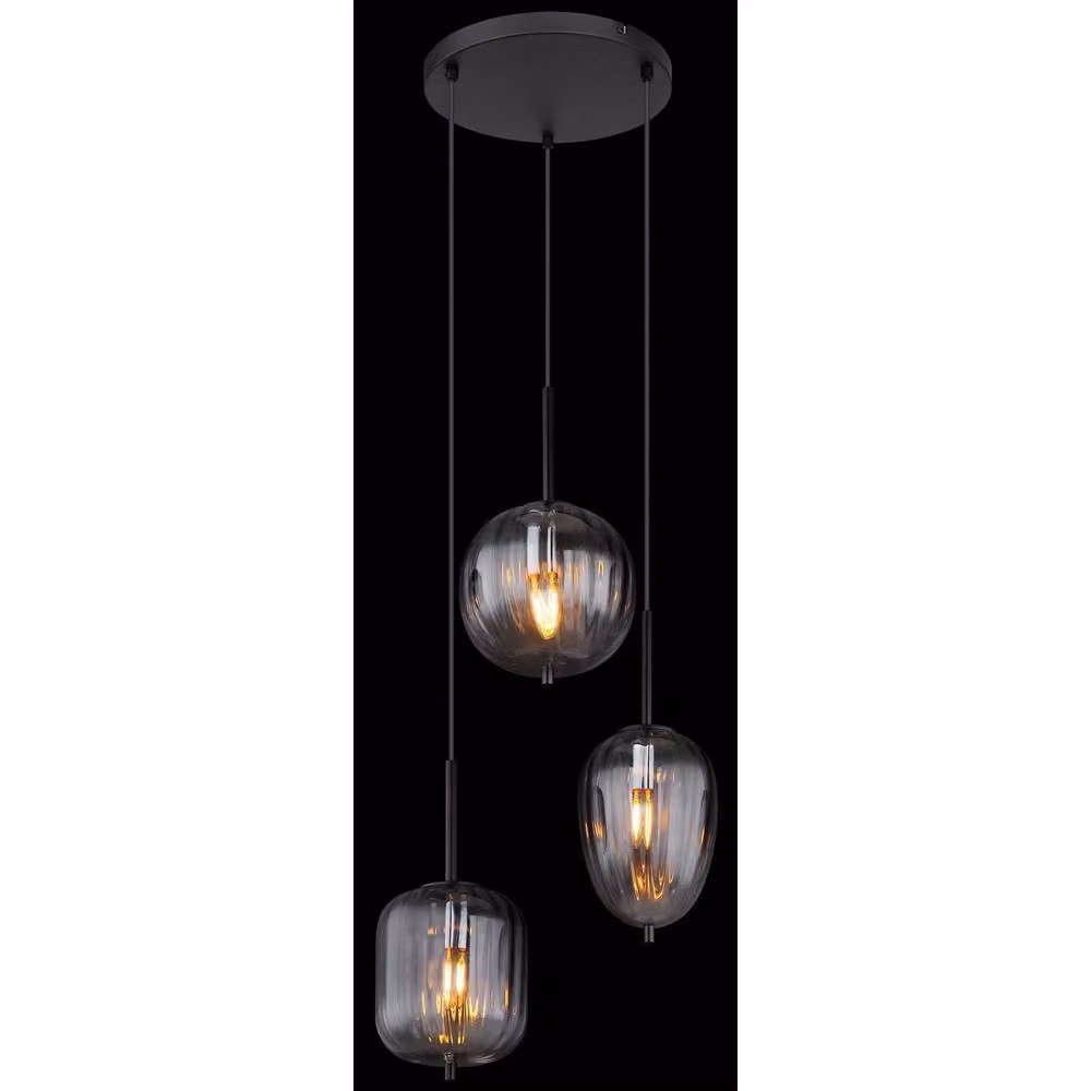Globo Lighting Attila Cluster Pendant Lamp in Black Metal with Smoky Glass Shade, 3x E14 Bulbs, Height: 120 cm – 5