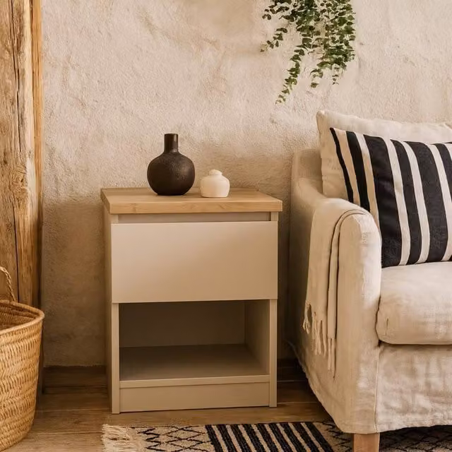 Wyld Haus Budapest Bedside Table in Cream and Natural Oak Effect with 1 Drawer and 1 Shelf