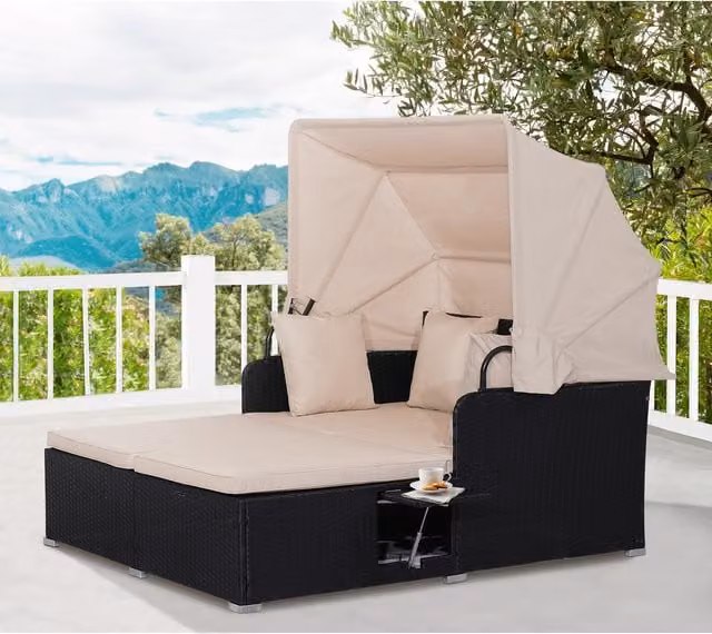 COSTWAY Outdoor Daybed Patio Loveseat Sofa Set with Sun Canopy and Side Tray in Brown and Beige Polyrattan