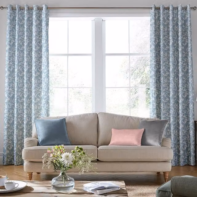 Laura Ashley Willow Leaf Chenille Made to Measure Blackout Eyelet Curtain in Pale Seaspray Blue