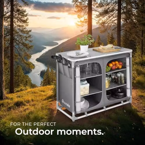 tectake Portable Camping Kitchen and Outdoor Storage Cupboard in Grey with Aluminium Frame, 6 Internal Shelves and Zipped Doors – 2
