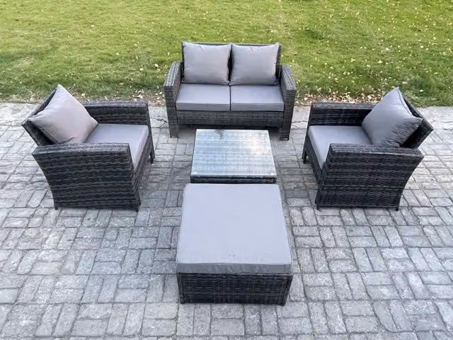 Fimous 5 Piece Outdoor Lounge Sofa Set with Square Coffee Table in Dark Grey Rattan and Powder Coated Steel