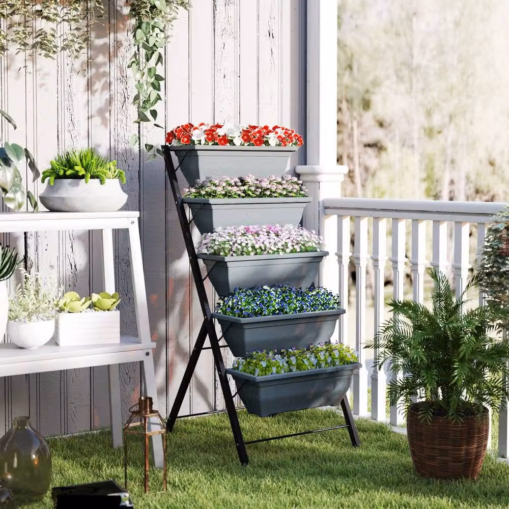 STILVORA 5-Tier Plant Stand with 5 Planter Boxes in Grey, W/D/H: 120 x 55 x 63 cm – 3
