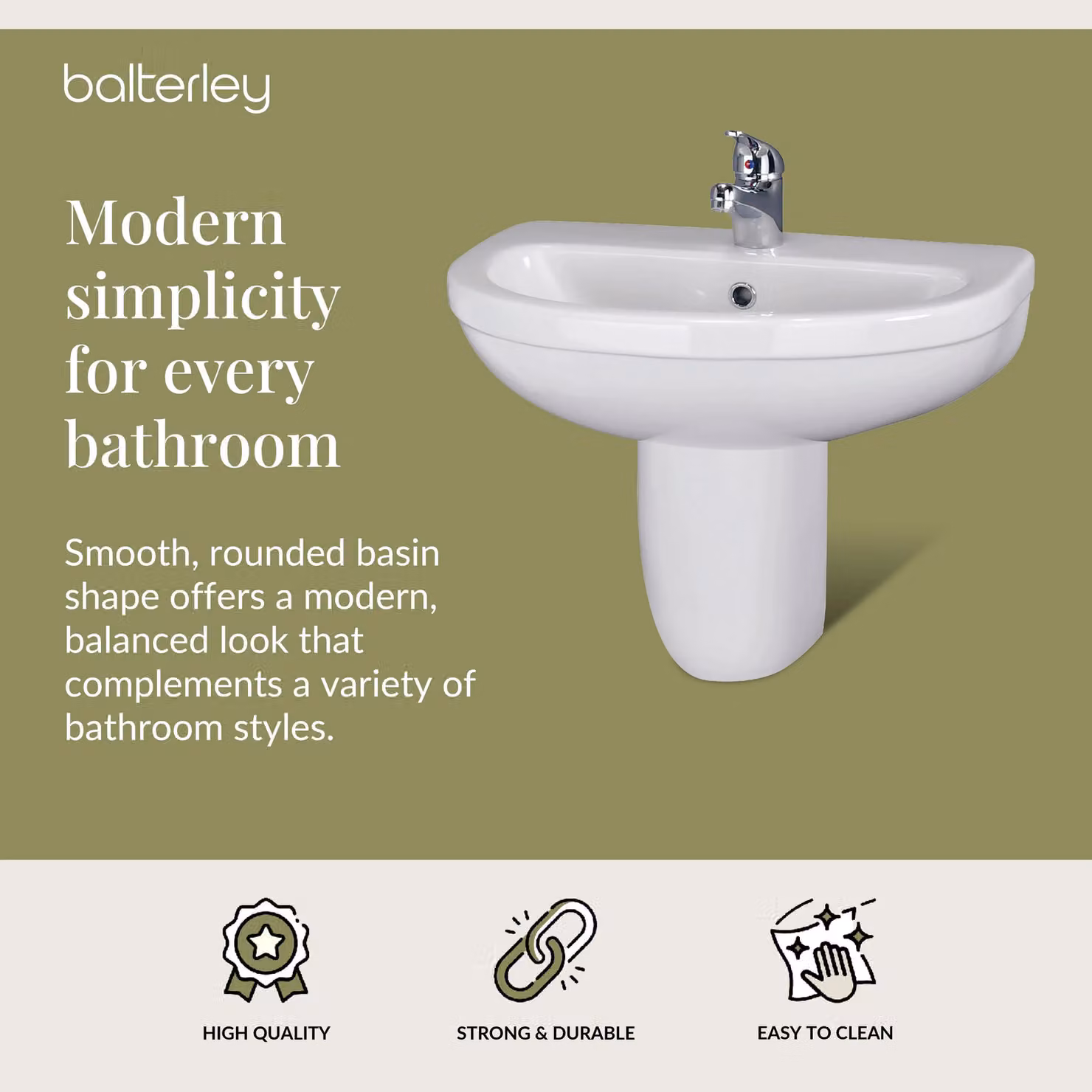 Balterley Round 1 Tap Hole Basin with Semi Pedestal, White, W: 55 cm, D: 49.8 cm, H: 55 cm – 2
