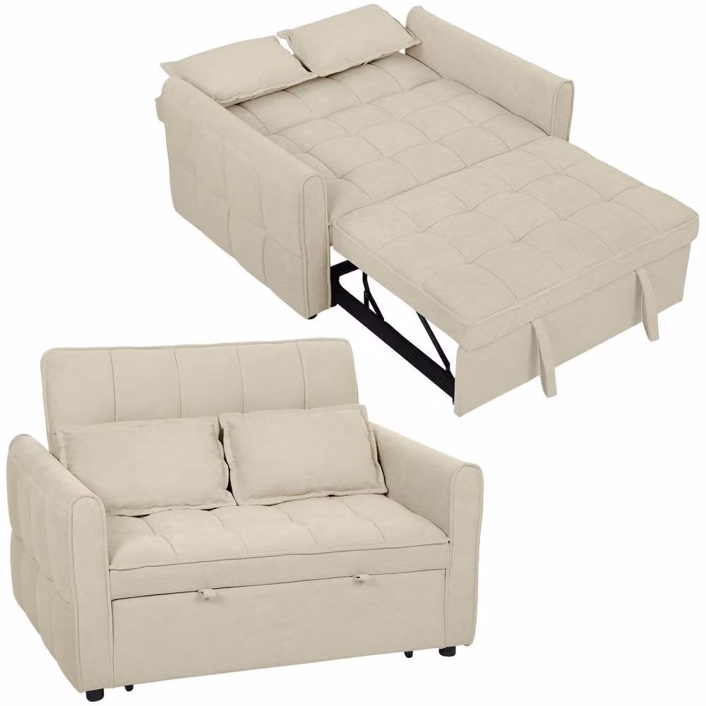 HOMCOM 2 Seater Click-Clack Sofa Bed with Adjustable Headrest and Foam Padding in Beige Brown Fabric