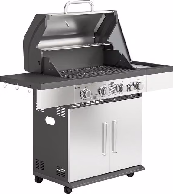 Outsunny 4+1 Burner Gas BBQ Grill with Side Burner, Warming Rack, Side Shelf, Storage Cabinet and Wheels – 1