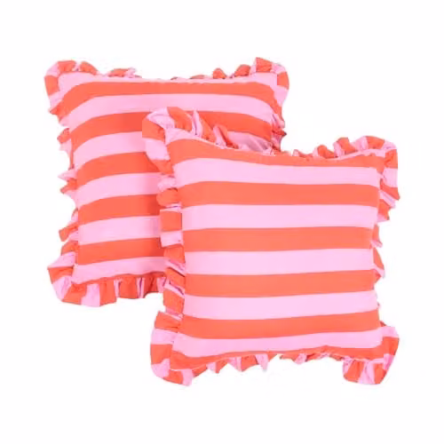OHS Striped Frill Edge Cushion Covers, Pack of 2, Pink/Red, W/D/H: 45 x 45 x 45 cm