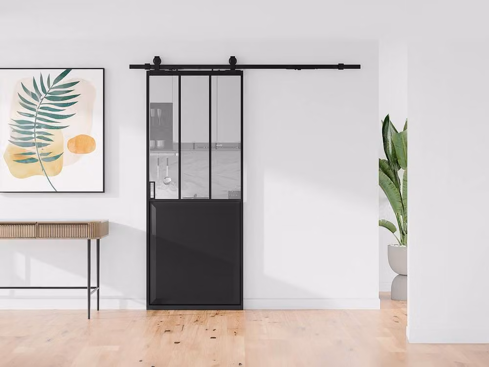 Vente-unique Industrial Studio-Style Surface-Mounted Sliding Door in Black and Tempered Glass, H: 205 cm x W: 630 cm x D: 2 cm – 2
